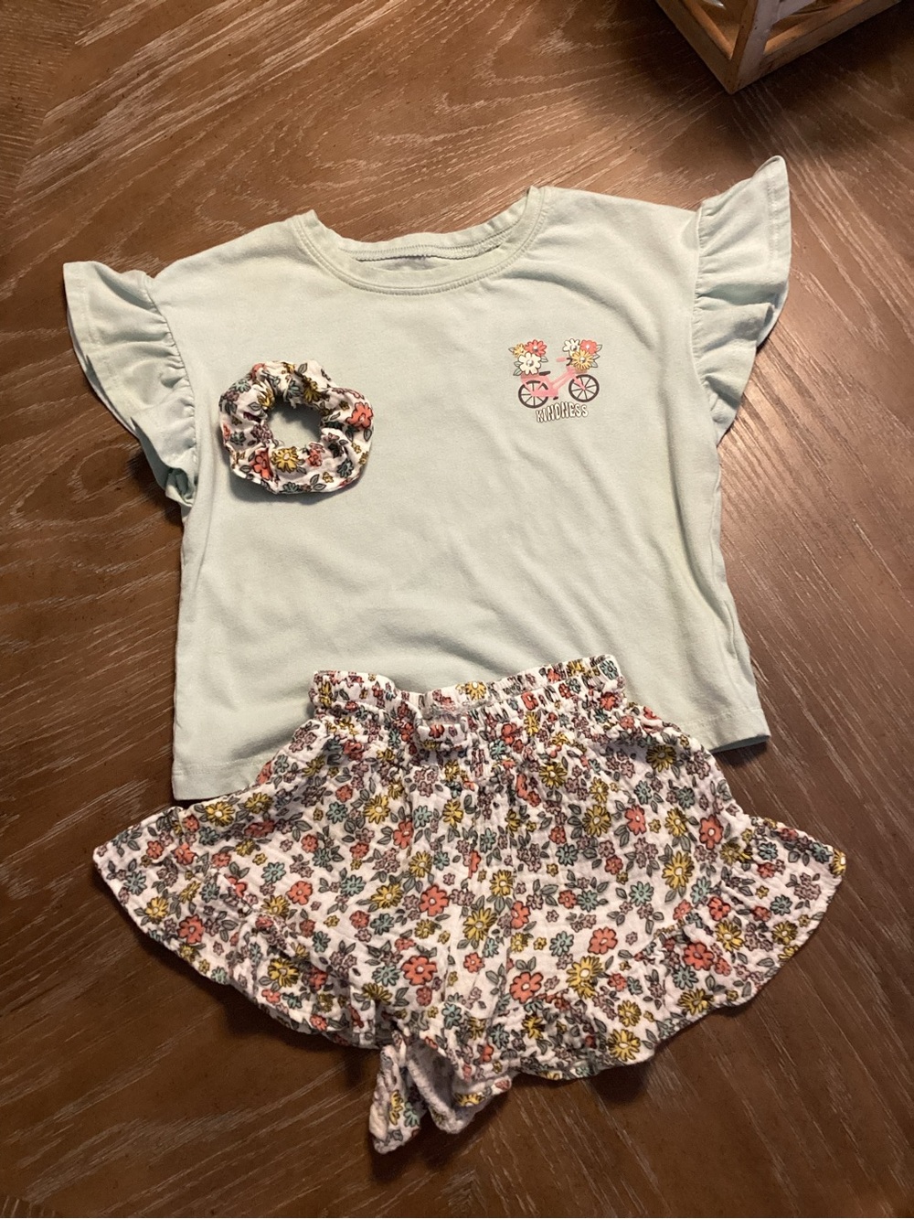 BearPaw Light Mint Green Flutter Sleeve Top with Floral Shorts and Scrunchie